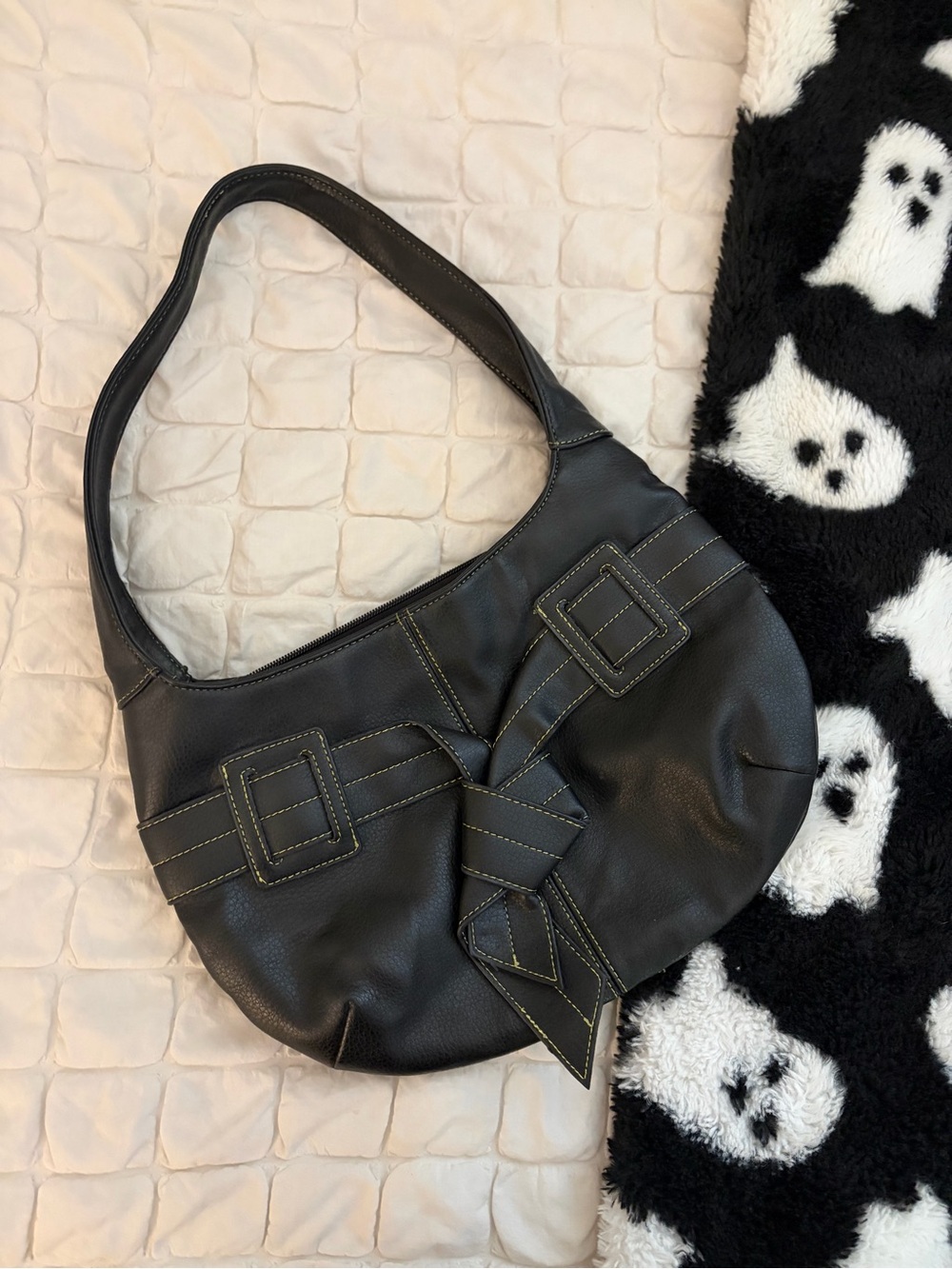 Y2K Vintage Black Buckle Tie Knot Hobo Shoulder Bag - Unbranded